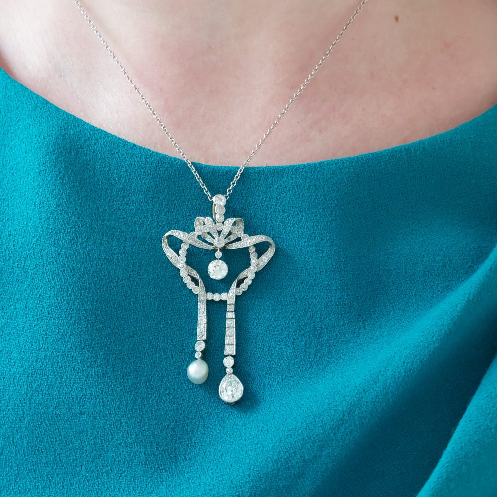 Antique Natural Pearl and Old Cut Diamond Negligee Pendant
