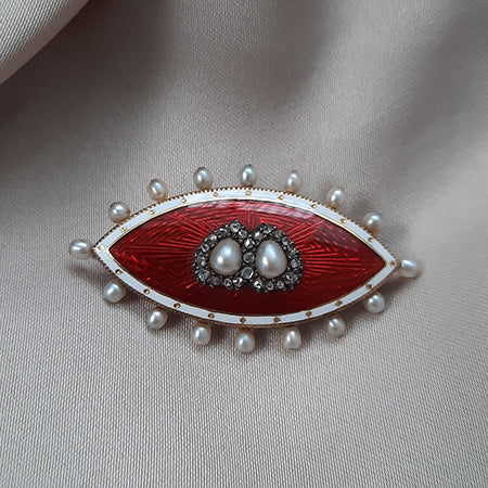 Victorian Antique Red Guilloche Enamel Marquise Brooch with Pearls and Diamonds
