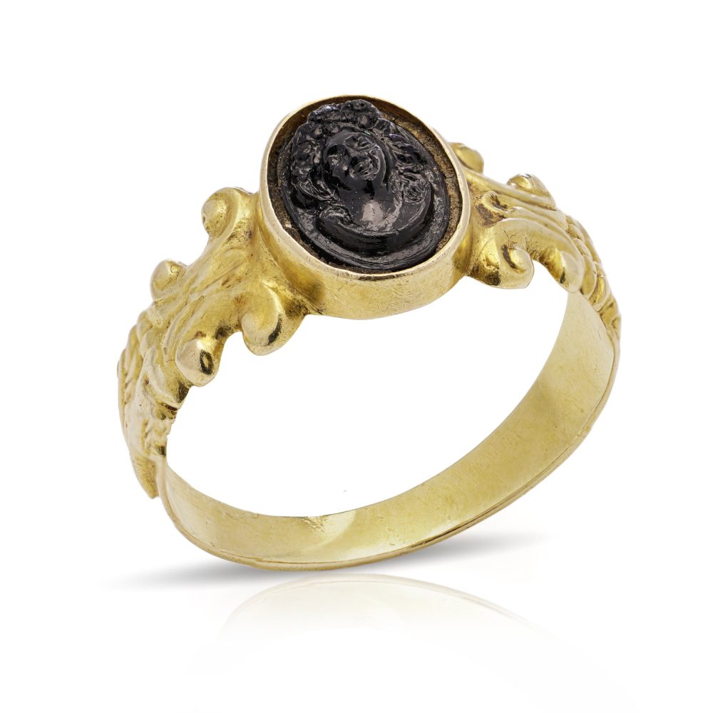 Antique Carved Obsidian Intaglio and Decorative 18ct Yellow Gold Ring