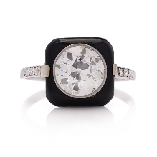 Vintage Art Deco Onyx and 2 Carat Old Cut Diamond Target Ring