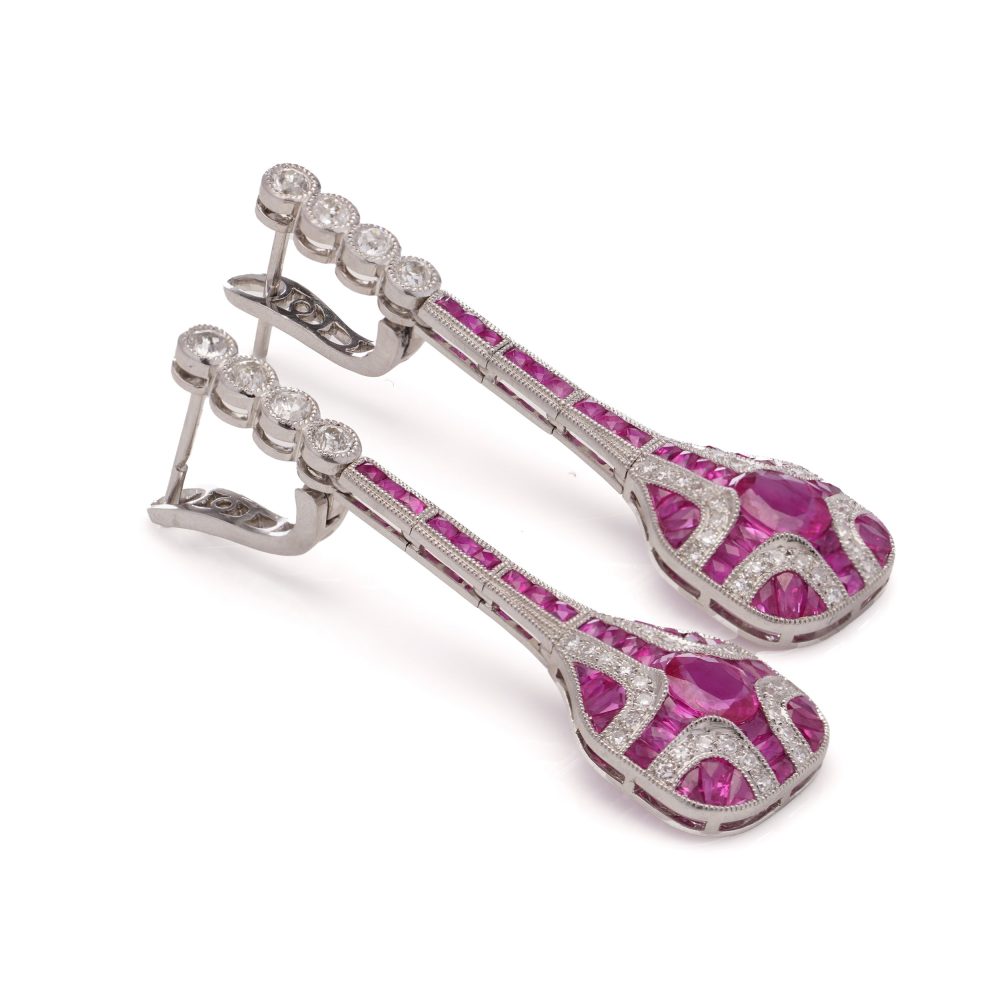 Art Deco Inspired 1.61ct Ruby and 1.50ct Diamond Drop Earrings in Platinum