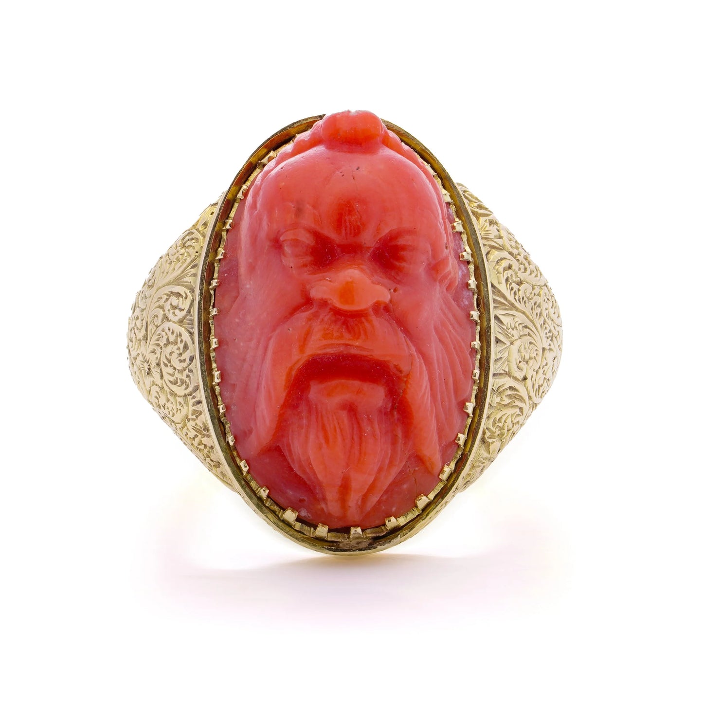 Victorian 15 Carat Gold Coral Ring With Carved River Gods Head
