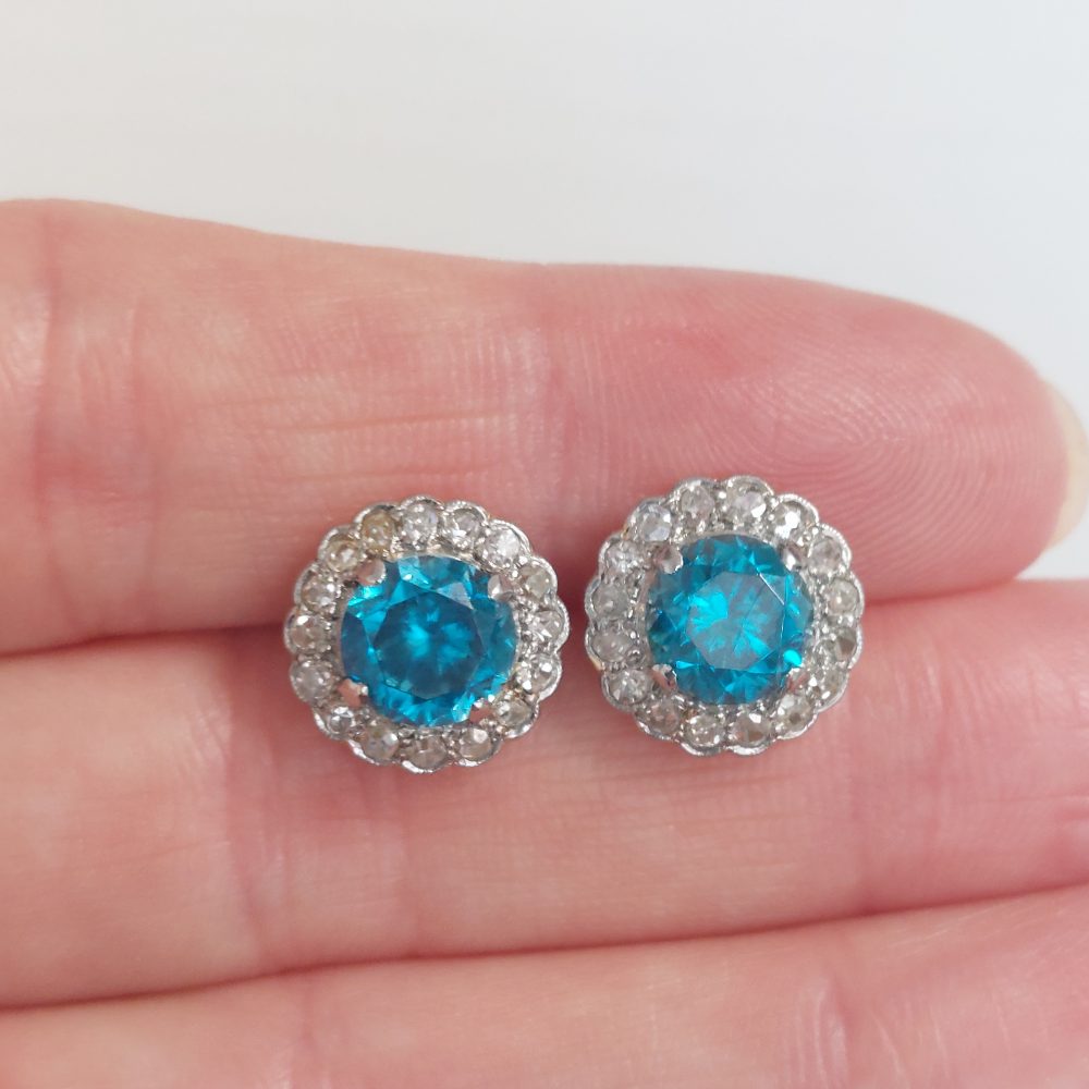 5ct Electric Blue Zircon and Diamond Cluster Stud Earrings