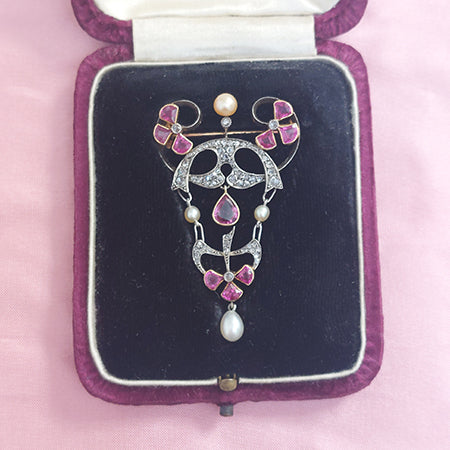 Art Nouveau Ruby, Diamond and Pearl Pendant Brooch