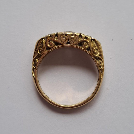Vintage Victorian Inspired 0.80cts Diamond Trilogy Signet Ring in 18ct Yellow Gold scrolled undergallery