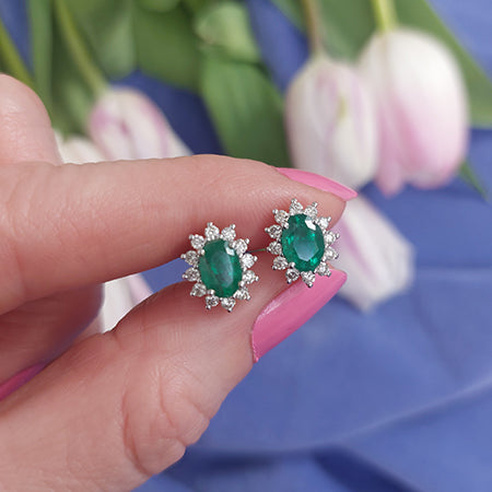 1.61ct Emerald and Diamond Oval Cluster Stud Earrings