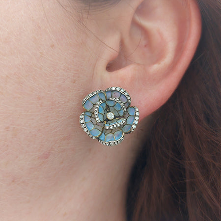 Pale Blue Plique a Jour Enamel and Diamond Flower Earrings