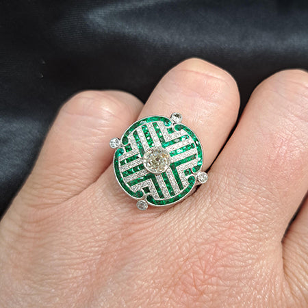 Old Cut Diamond and Emerald Cluster Dress Ring