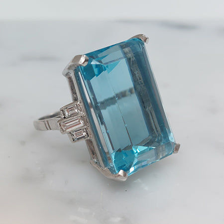 Large Aquamarine Cocktail Ring with Baguette Diamonds Part 1