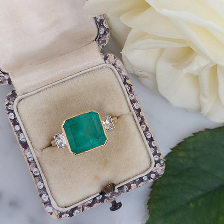 Octagonal Cut Emerald and Diamond Three Stone Ring