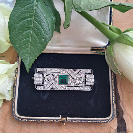 Art Deco Colombian Emerald Onyx and Diamond Brooch
