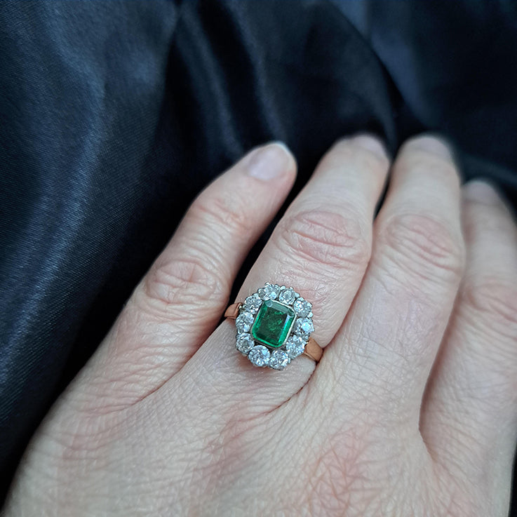 Antique Emerald and Diamond Floral Cluster Engagement Ring