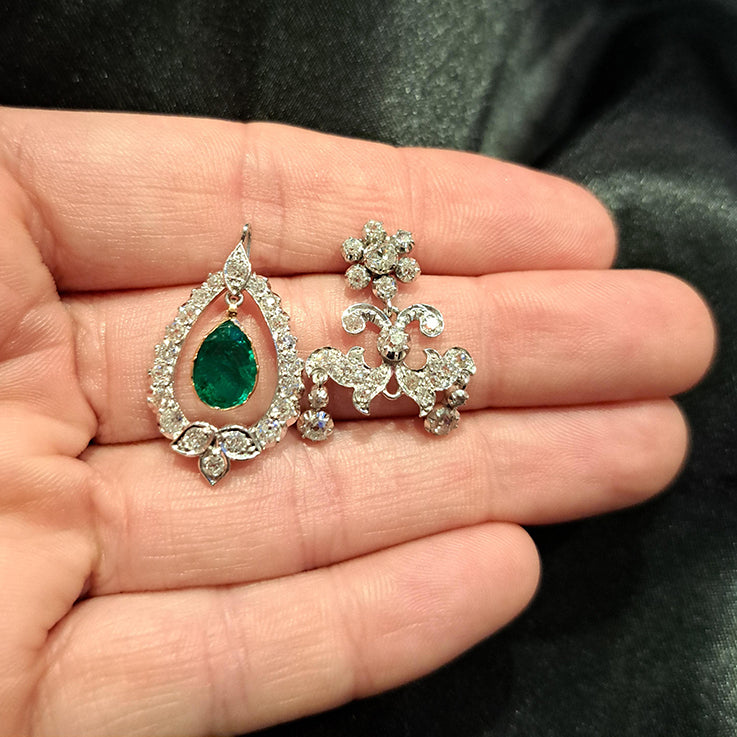 Antique 1.50ct Pear Cut Emerald and 3ct Old Cut Diamond Cluster Drop Chandelier Earrings