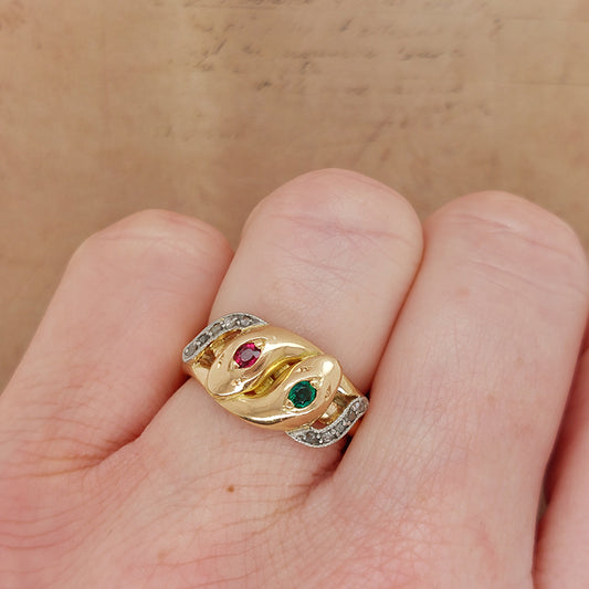 Antique Gem Set Double Snake Ring set with emerald ruby and diamond in 18ct yellow gold