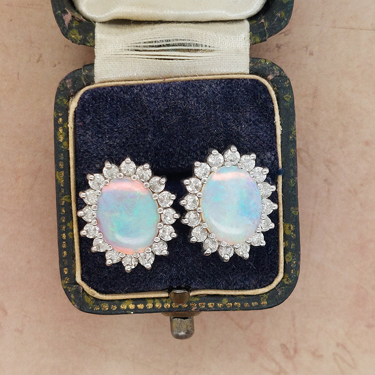 Vintage 2.50ct Opal and Diamond Cluster Earrings