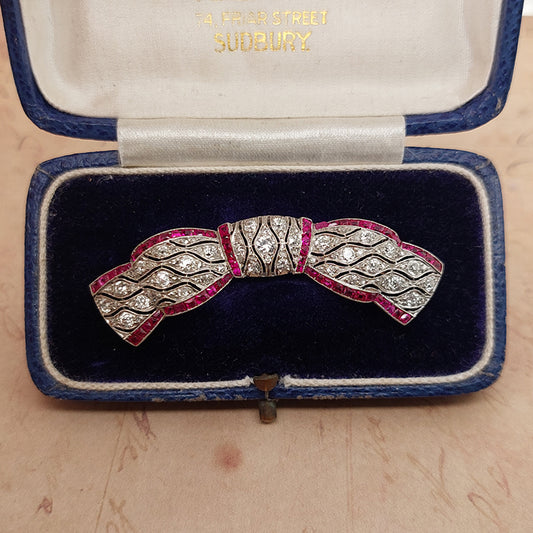 Antique Edwardian Diamond and Ruby Bow Brooch