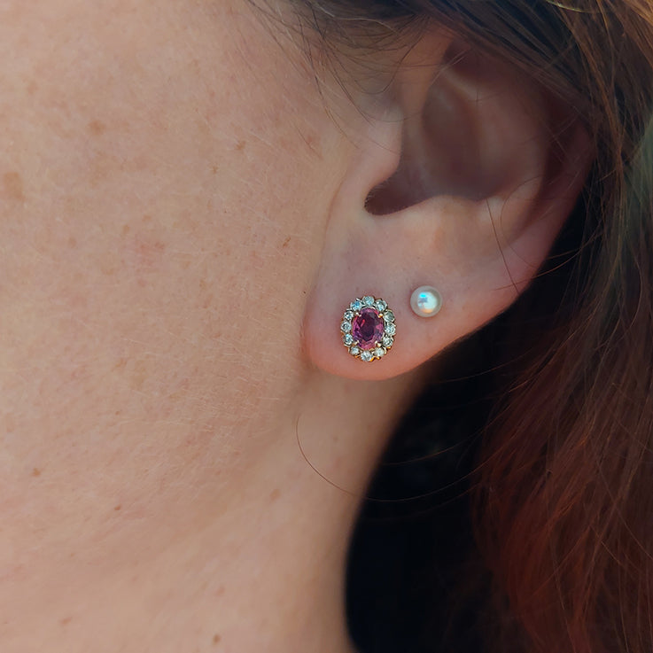 Vintage 1ct Pink Sapphire and Diamond Cluster Stud Earrings in 18ct Yellow Gold