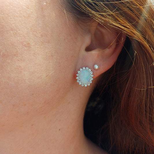 Vintage 2.50ct Opal and Diamond Cluster Earrings