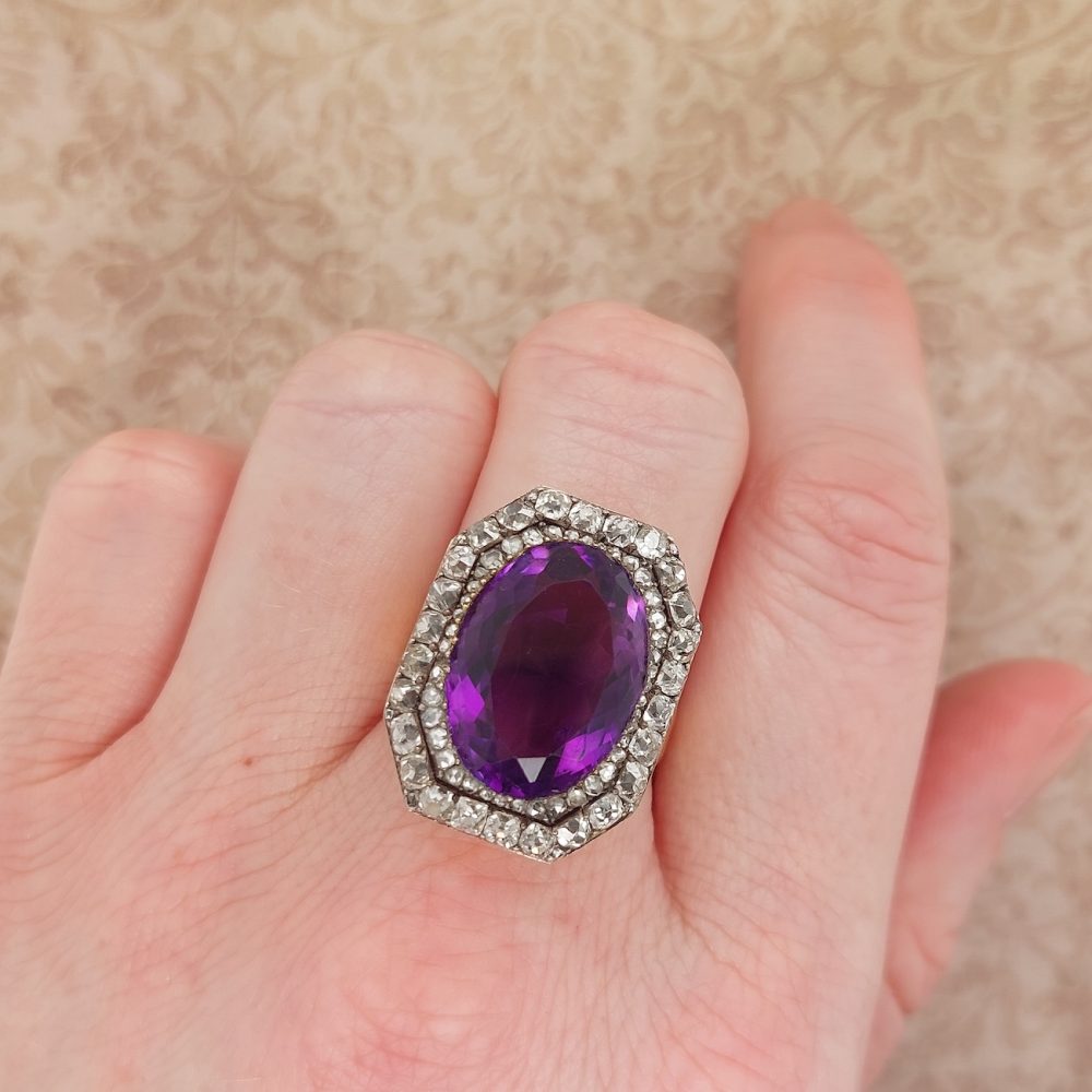 Amethyst and diamond cluster ring, antique Georgian model on finger shot