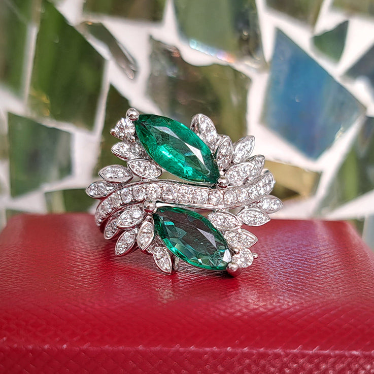 1.73ct Marquise Emerald and Diamond Two Stone Toi et Moi Crossover Cluster Dress Ring