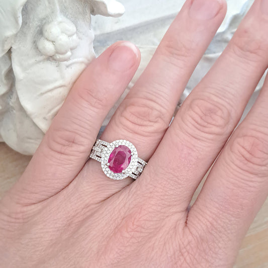 2.54ct Burma Ruby and Double Diamond Cluster Dress Ring on 18ct white gold openwork geometric band studded with sparkling diamonds