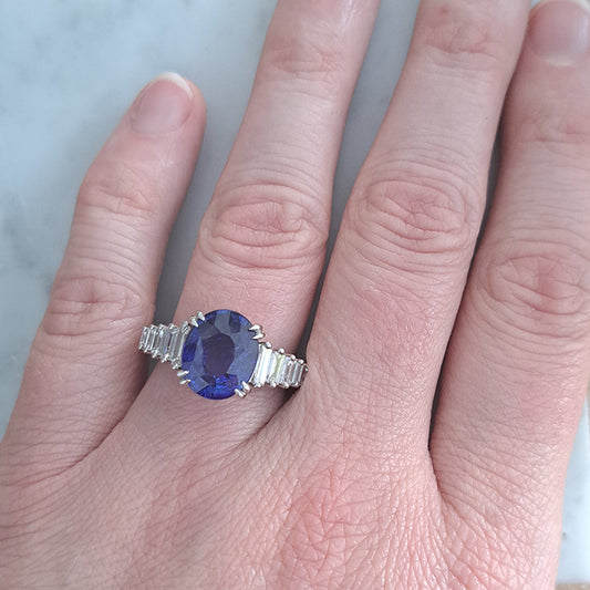 5.56ct Oval Sri Lanka Sapphire Solitaire Engagement Ring with Baguette Diamond Shoulders
