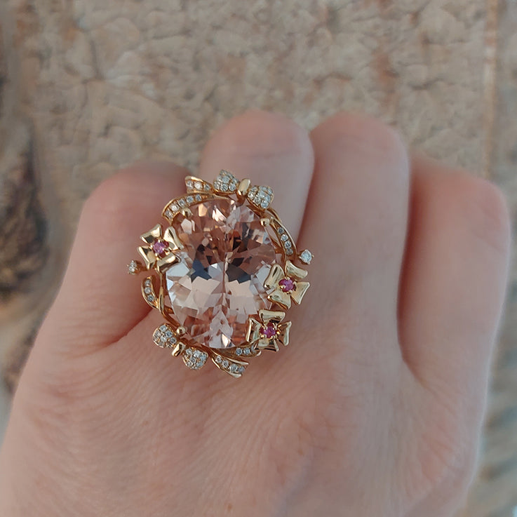 15.93ct Oval Brazilian Morganite and Diamond Cluster Cocktail Ring in 18ct Rose Gold
