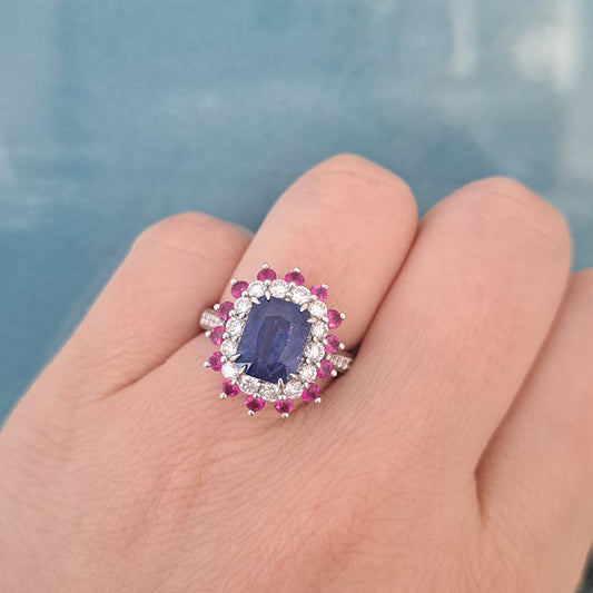 3.73ct Sri Lanka Sapphire Ruby and Diamond Cluster Dress Ring in Platinum