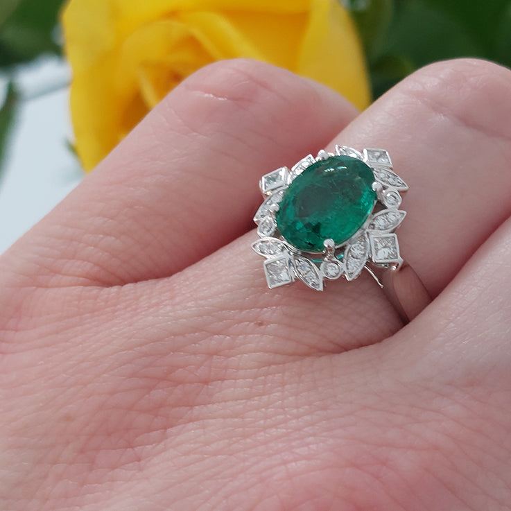 2.14ct Oval Zambian Emerald and Diamond Floral Cluster Ring