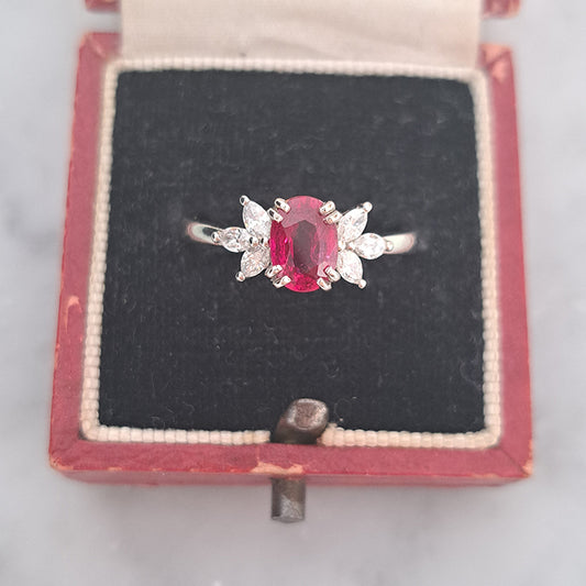 1.13ct Natural No Heat Ruby and Marquise Diamond Engagement Ring in Platinum