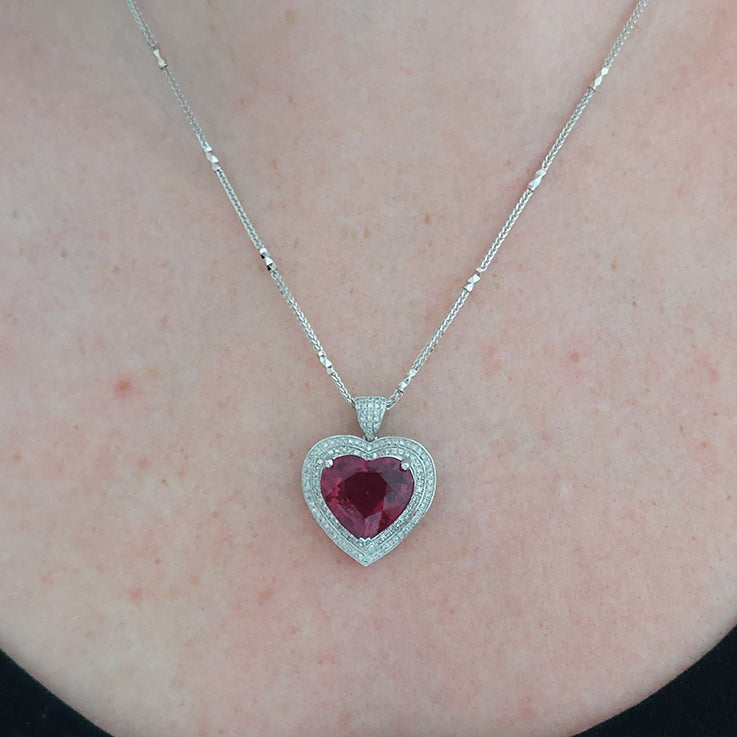 9.86ct Heart Cut Rubellite Red Tourmaline and Diamond Cluster Pendant Necklace