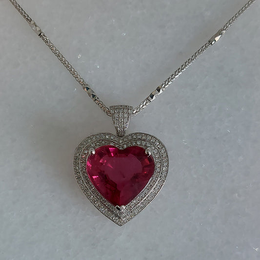 9.86ct Heart Cut Rubellite Red Tourmaline and Diamond Cluster Pendant Necklace