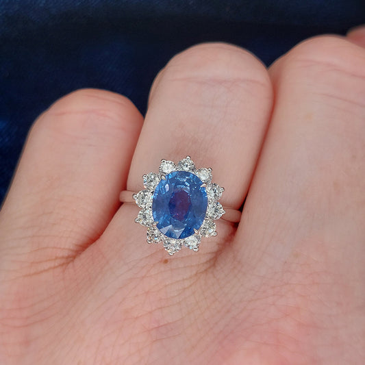 3.20ct Oval Sapphire and Diamond Floral Cluster Ring