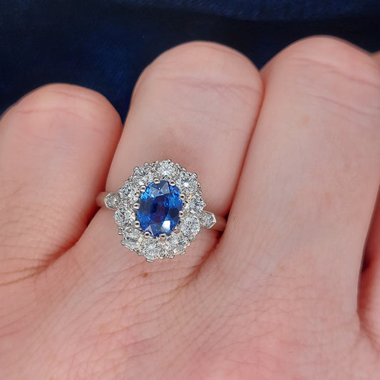1.50ct Oval Blue Sapphire and Diamond Cluster Ring