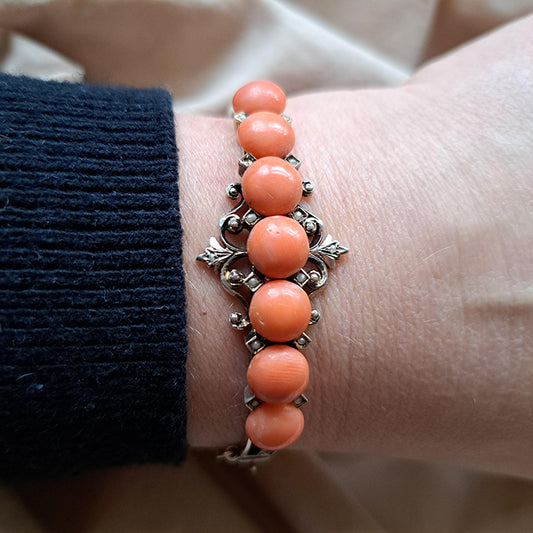 Antique Coral Bangle Bracelet with Pearls