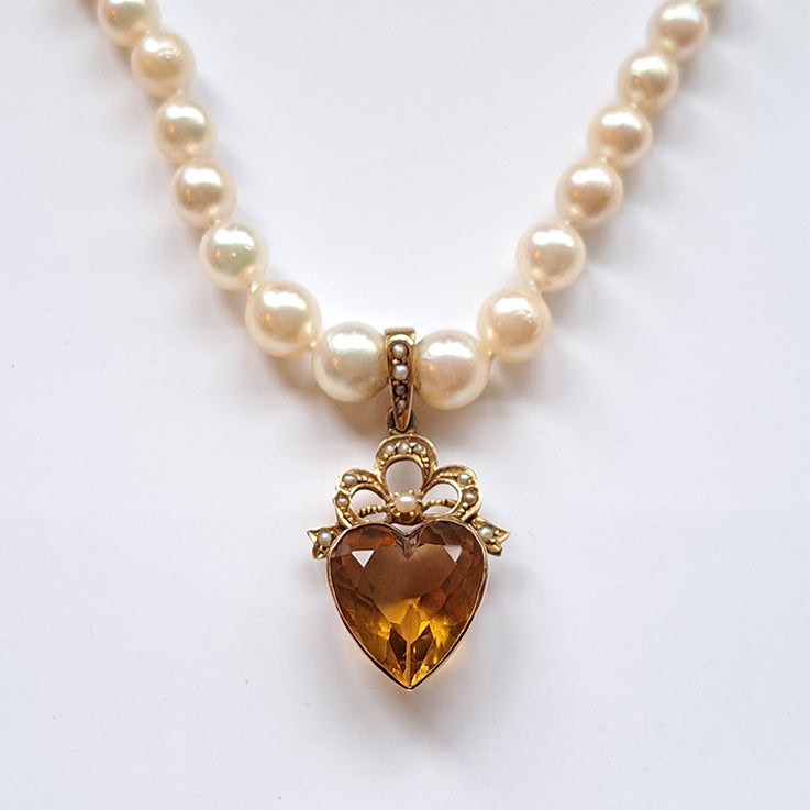 Vintage Pearl Necklace with Antique Citrine Heart Pendant