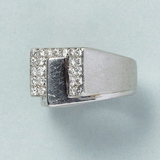 Art Deco French Baguette and Brilliant Diamond Tank Ring in Platinum
