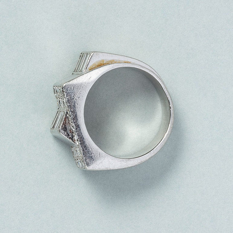 Art Deco French Baguette and Brilliant Diamond Tank Ring in Platinum