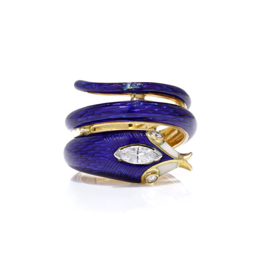 Diamond and enamel snake ring in gold.