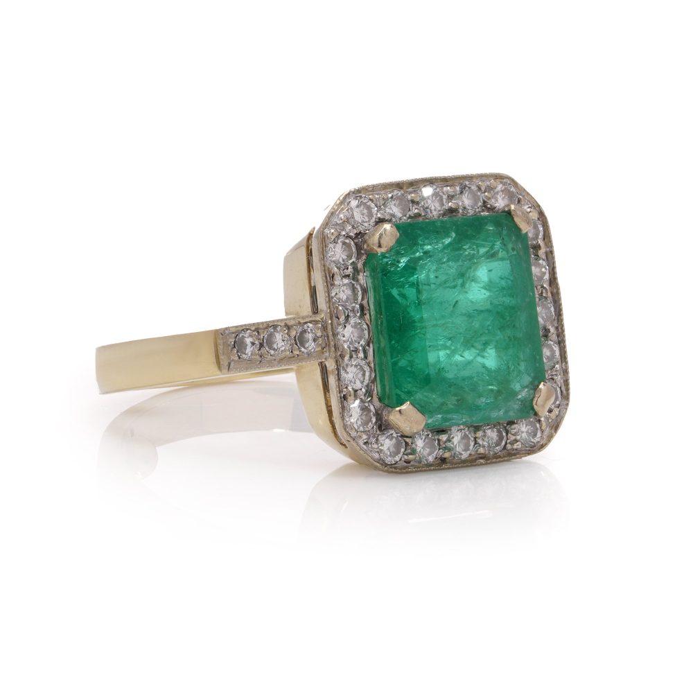 Vintage Emerald and Diamond Square Cluster Engagement Ring