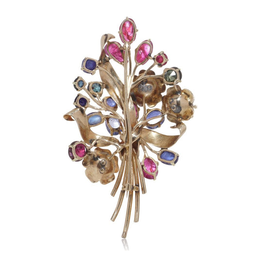 Vintage 14 Carat Yellow Gold Multi Coloured Gem Flower Bouquet Brooch