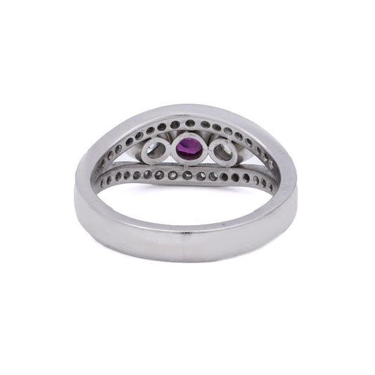 Platinum Three Stone Old Cut Diamond And Ruby Ring