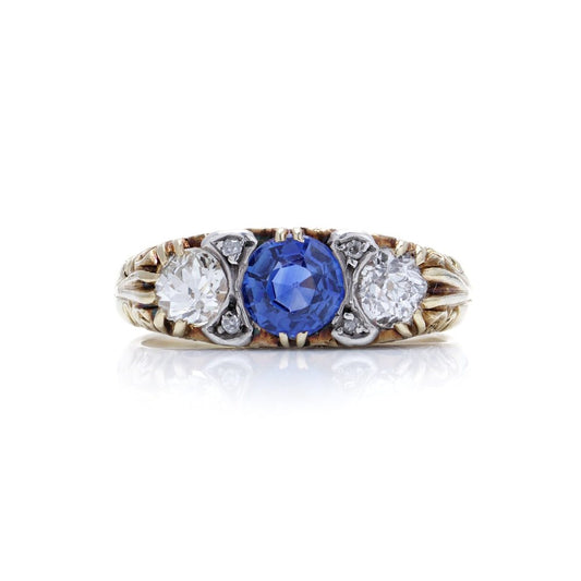 Victorian 18 Carat Yellow Gold And Silver Three-Stone Old Cut Diamond And Sapphire Ring