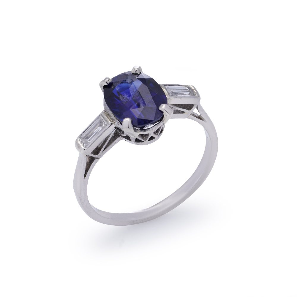 Certified 2.39ct Natural No Heat Burma Sapphire and Baguette Diamond Three Stone Engagement Ring in Platinum