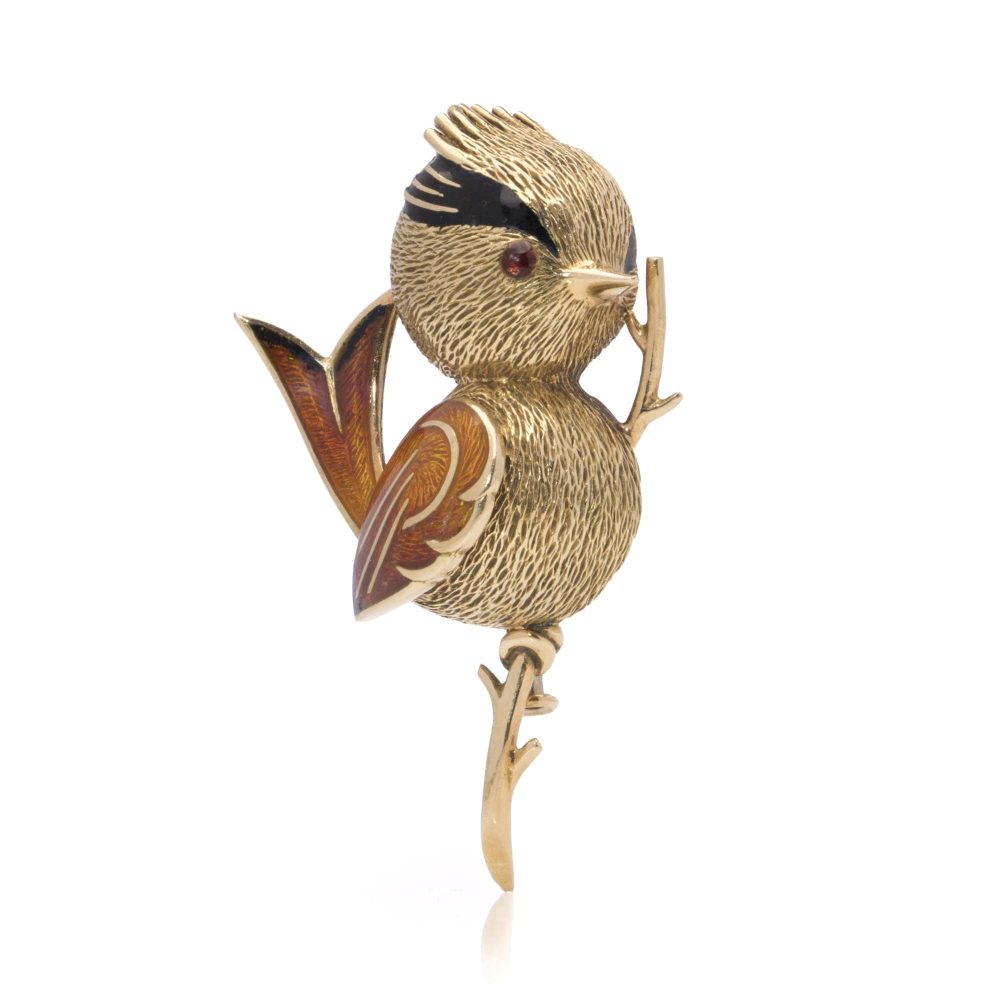 Vintage 18 Carat Yellow Gold Enamelled Bird Brooch