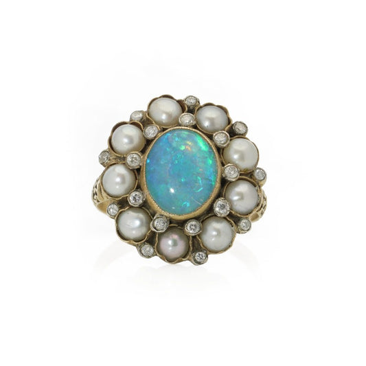 Vintage 9 Carat Yellow Gold Custer Ring With Opal, Pearls And Diamonds