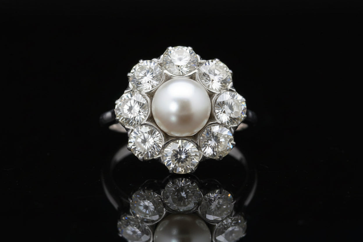 Art Deco Natural Pearl and Diamond Cluster Ring