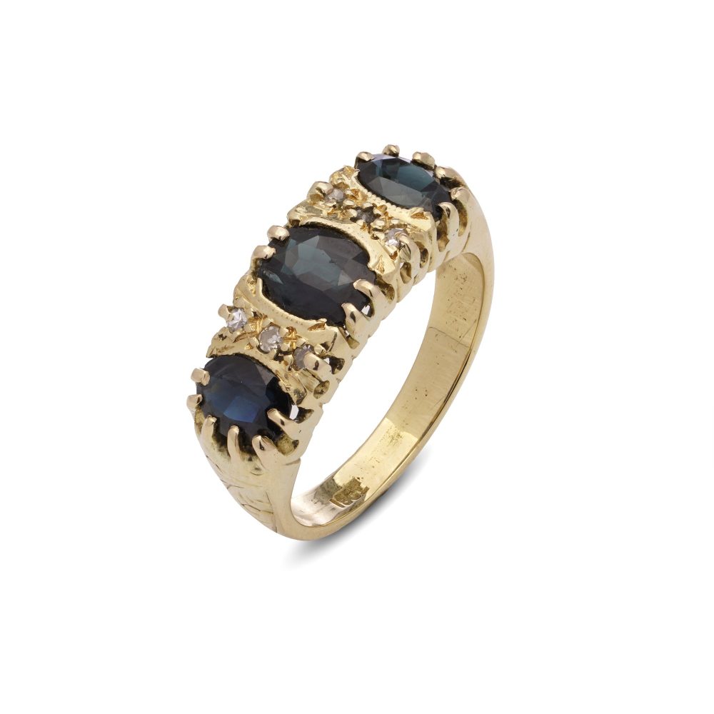Vintage 18 Carat Yellow Gold Three-Stone Sapphire And Diamond Ring