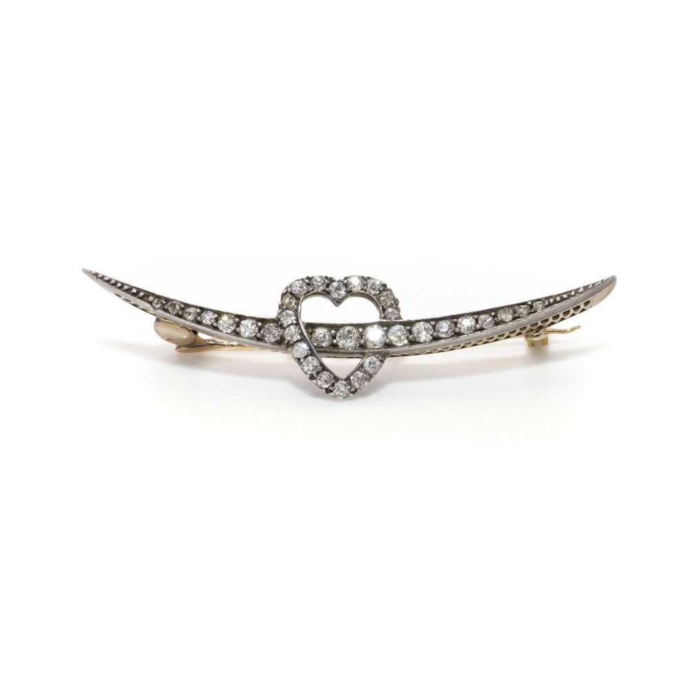 Victorian Heart And Arrow Old Cut Diamond Brooch In 18 Carat Gold And Silver