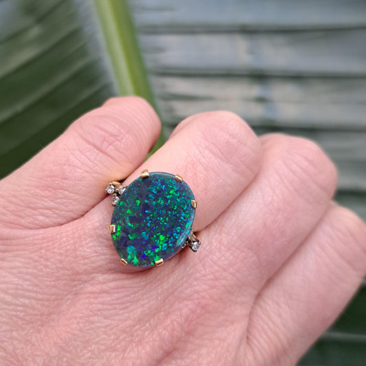 Vintage Black Opal and Diamond Ring